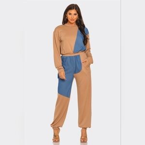 New!!! Colorblock Tan and Blue Women's Jogger Set,NWT